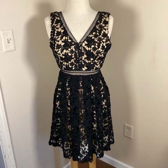 Francesca's Dresses & Skirts - Francesca's Alya Black Lace V-Neck Sleeveless Dress with Nude Lining